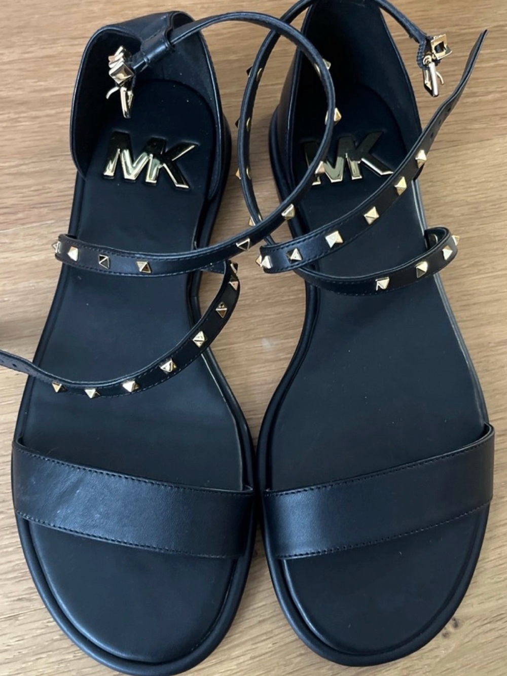 Michael Kors Black Leather Ankle-Strap Sandals with Gold Studs
